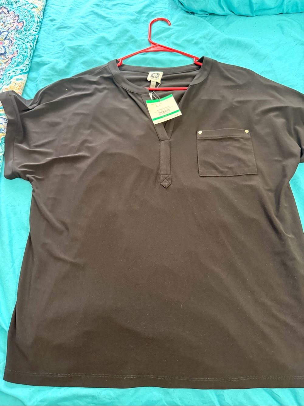 Anne Klein Black Short-Sleeve Henley with Chest Pocket